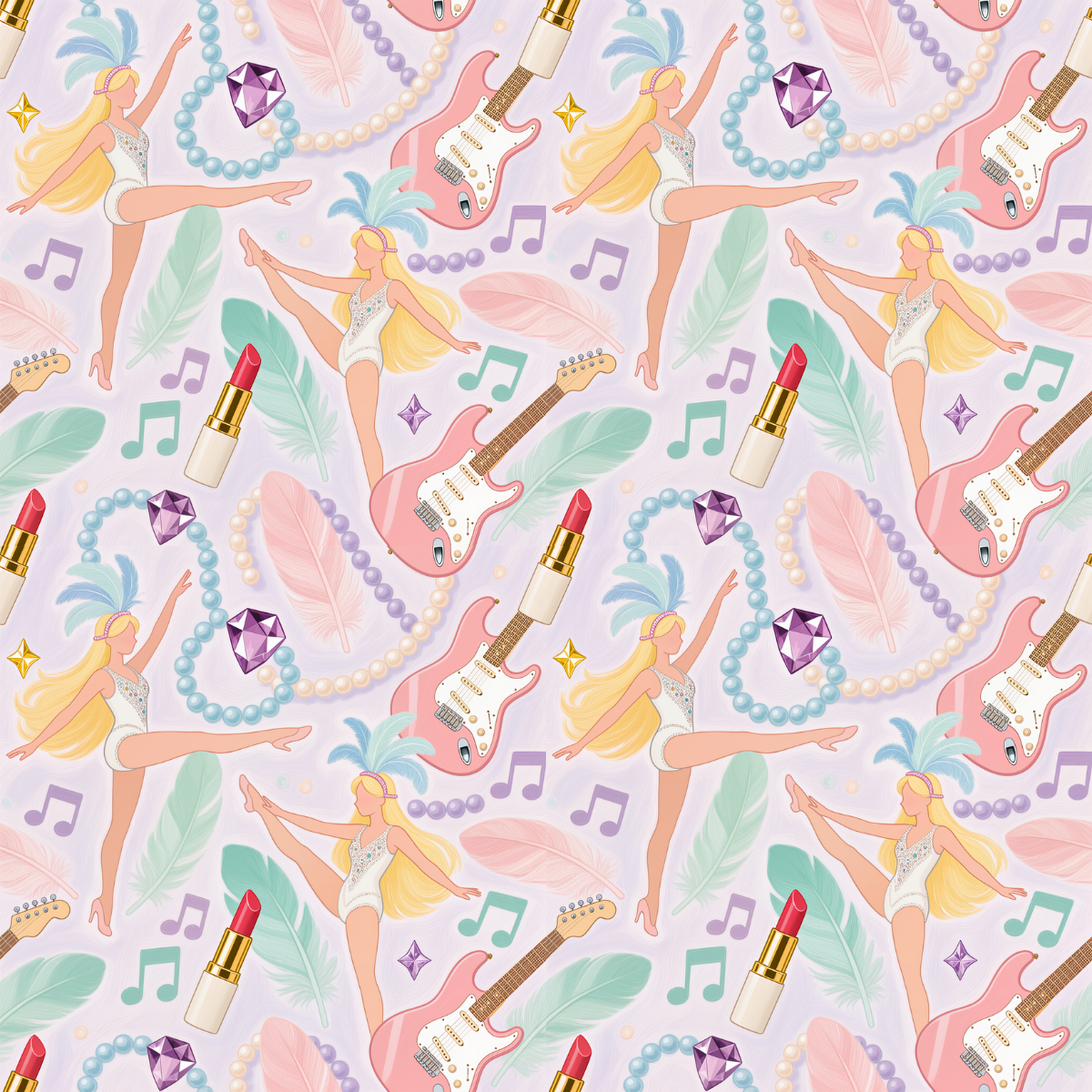 Pattern with dancers, guitars, and lipsticks on a light purple background