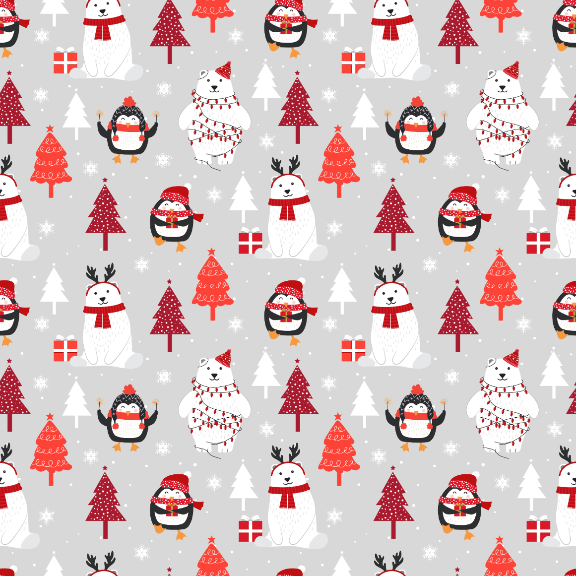 Christmas-themed pattern with penguins, trees, and bears on a gray background