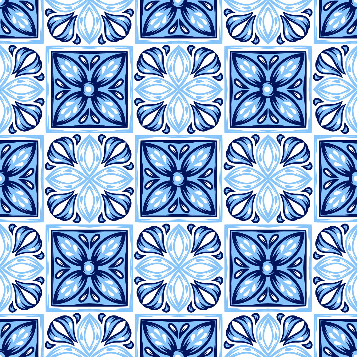 Printed acrylic sheets with a blue geometric tile pattern on a white background.
