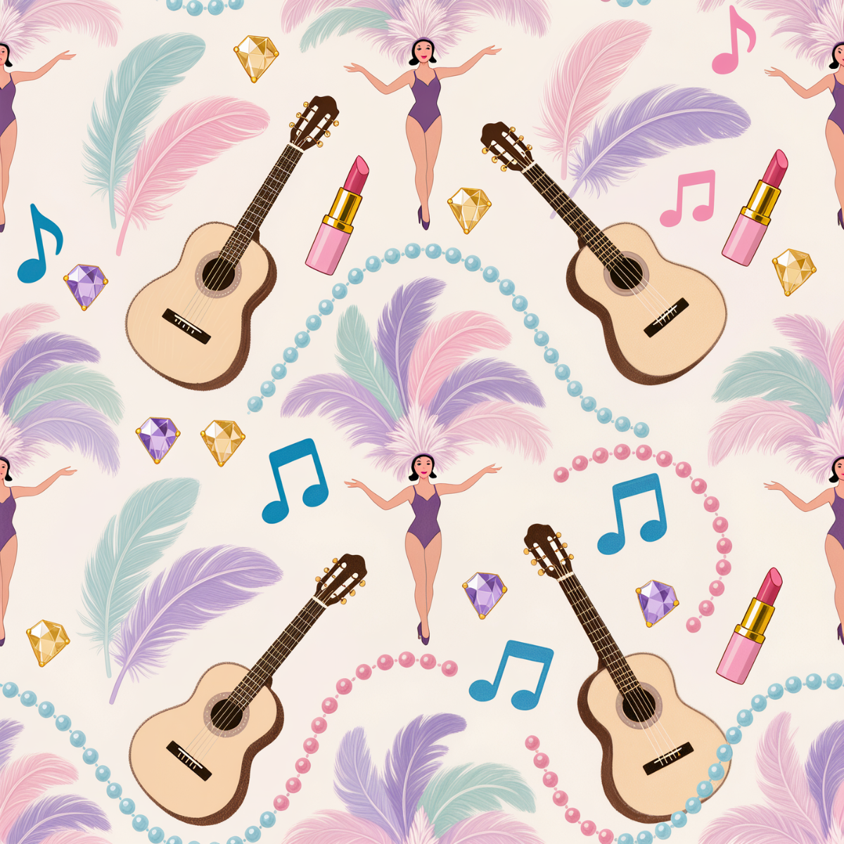 Pattern with guitars, women, feathers, and musical elements on a light background