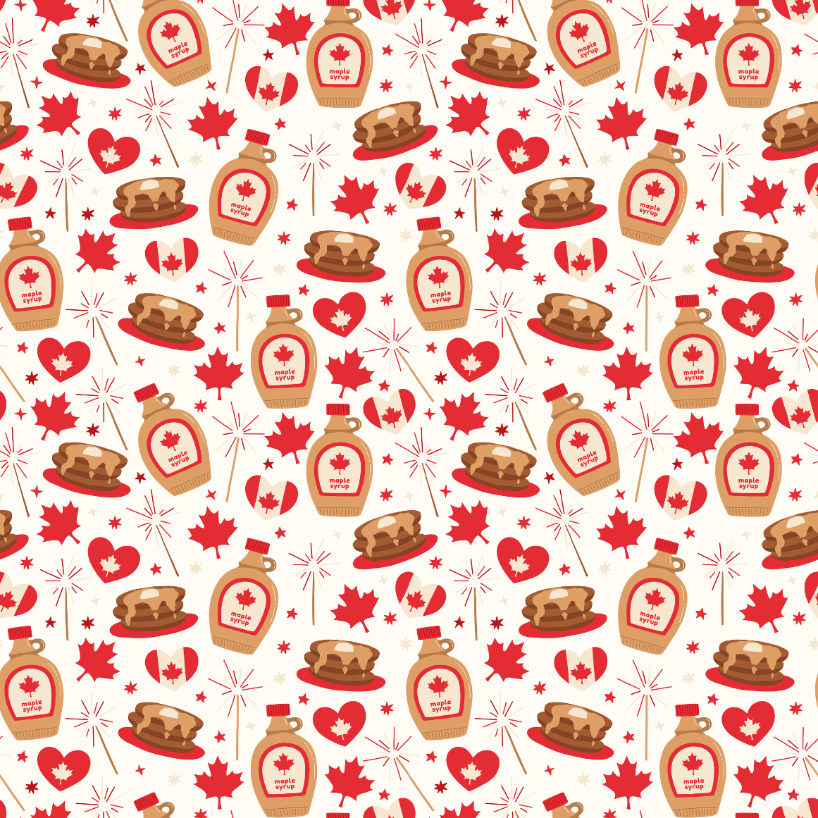 A patterned background featuring Canadian maple syrup bottles, pancakes, maple leaves, hearts, and the Canadian flag.
