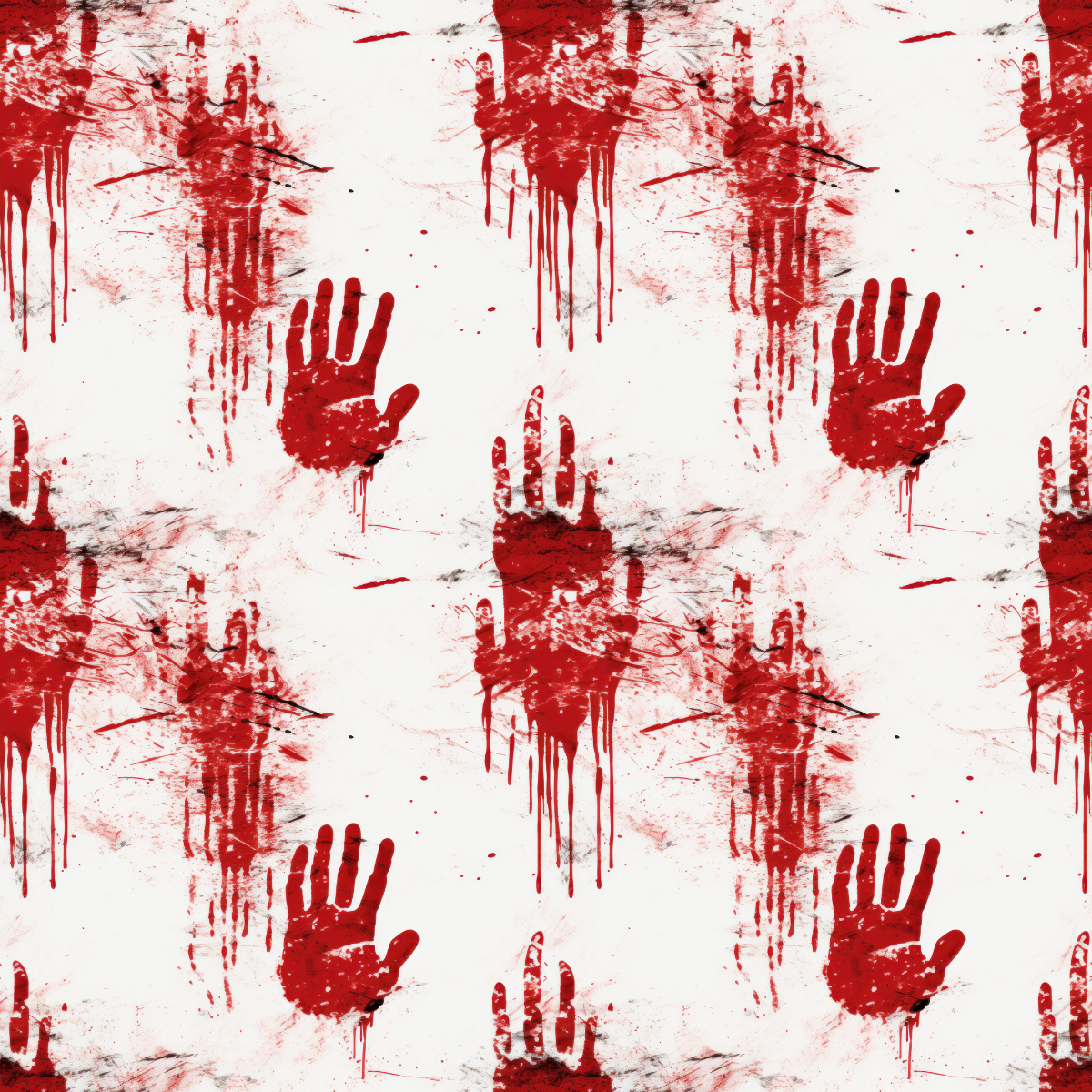 Red handprints and bloodstains on a white background