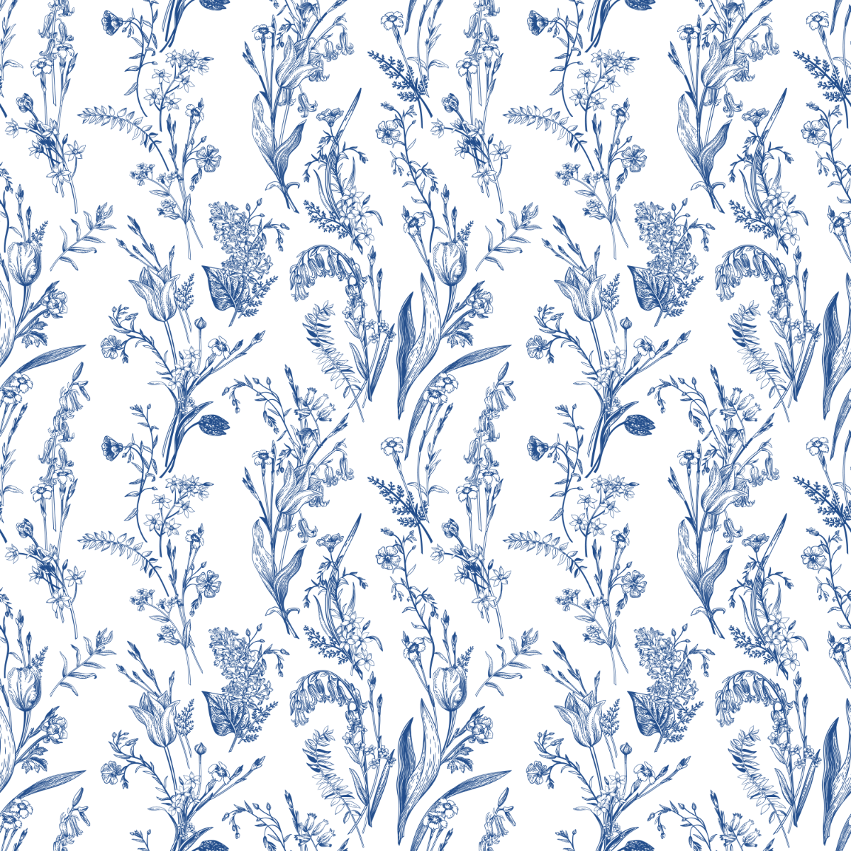 A sheet of acrylic with a printed pattern of blue wildflowers on a white background.