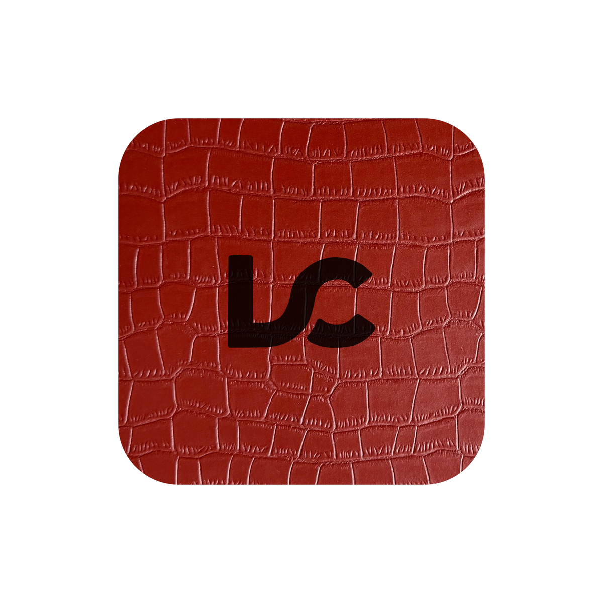 A crocodile-embossed red leather that engraves black