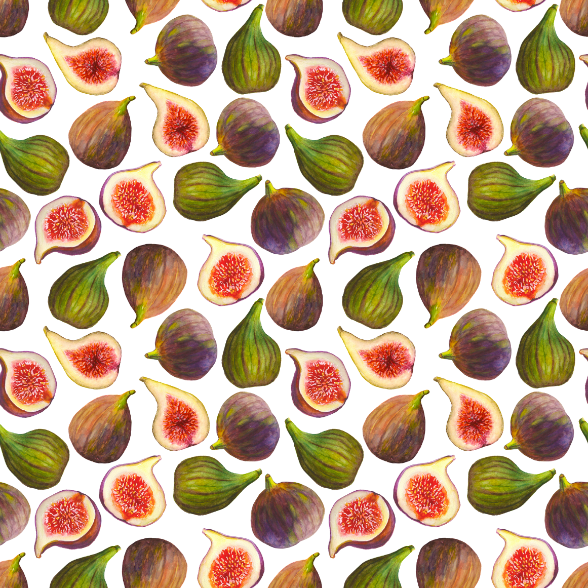 Pattern of sliced figs on a white background