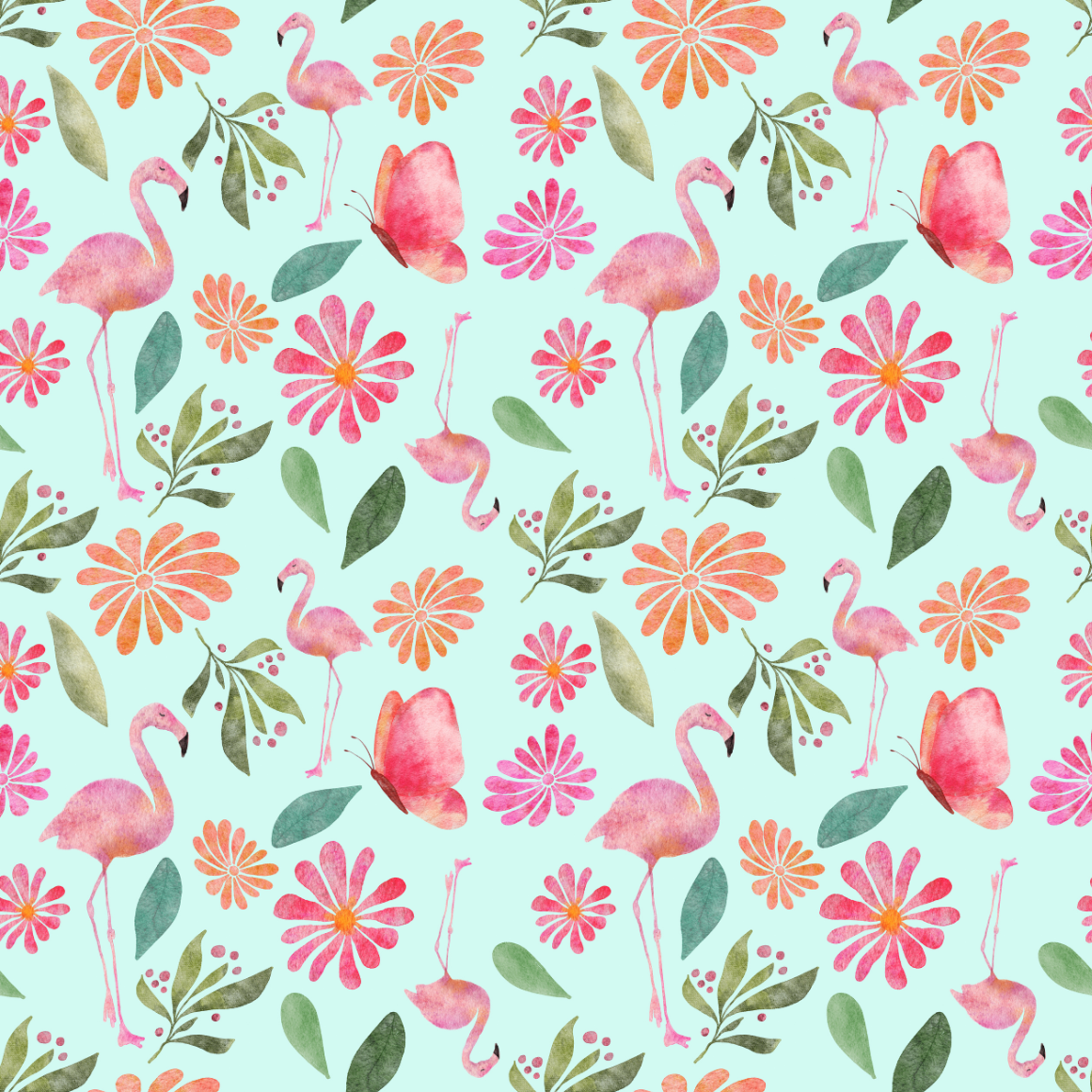 Floral and flamingo pattern on a light blue background