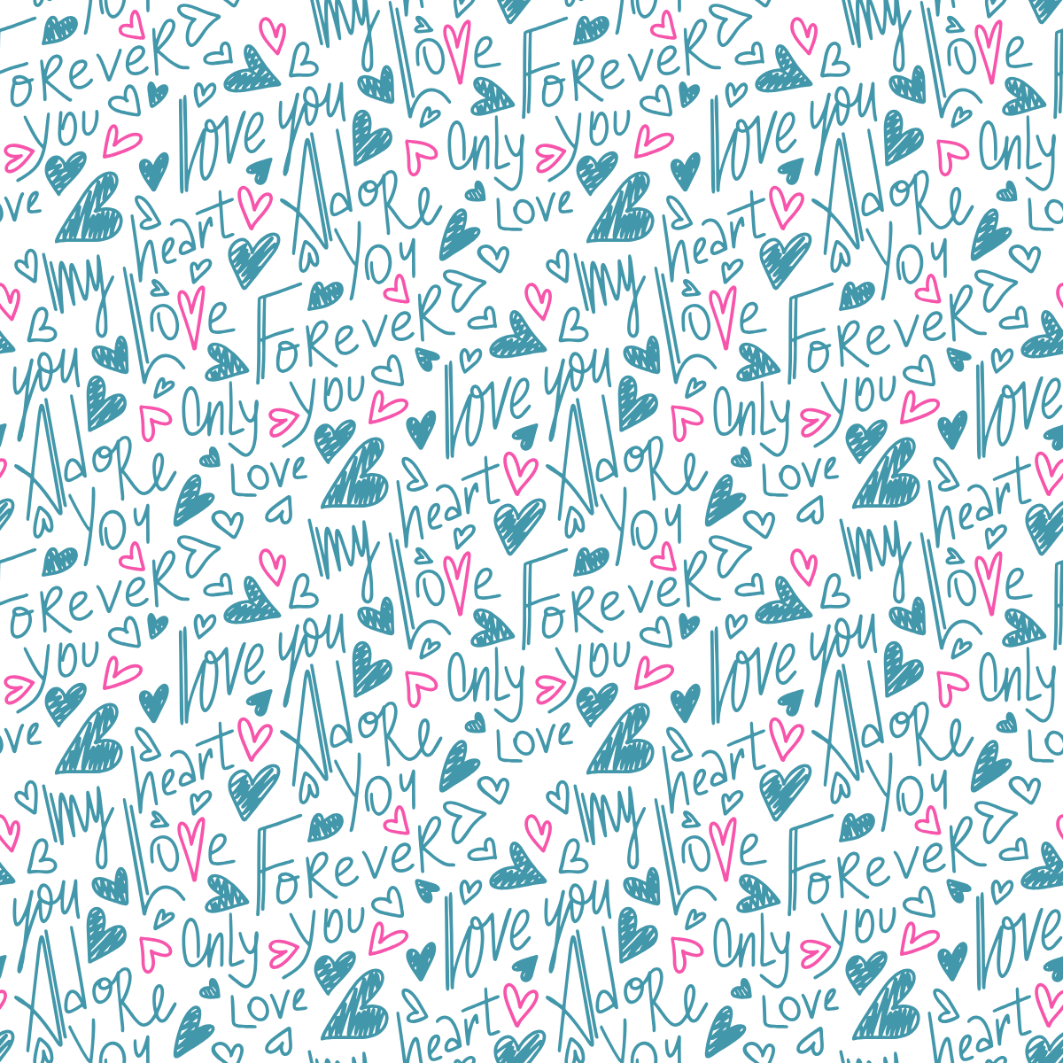 Pattern of love sentiments and heart shapes in blue and pink