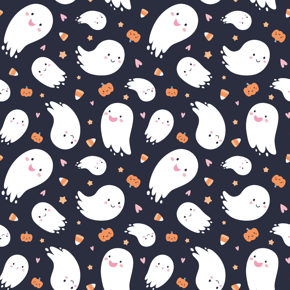 Pattern of cute white ghosts and small pumpkins on a dark blue background