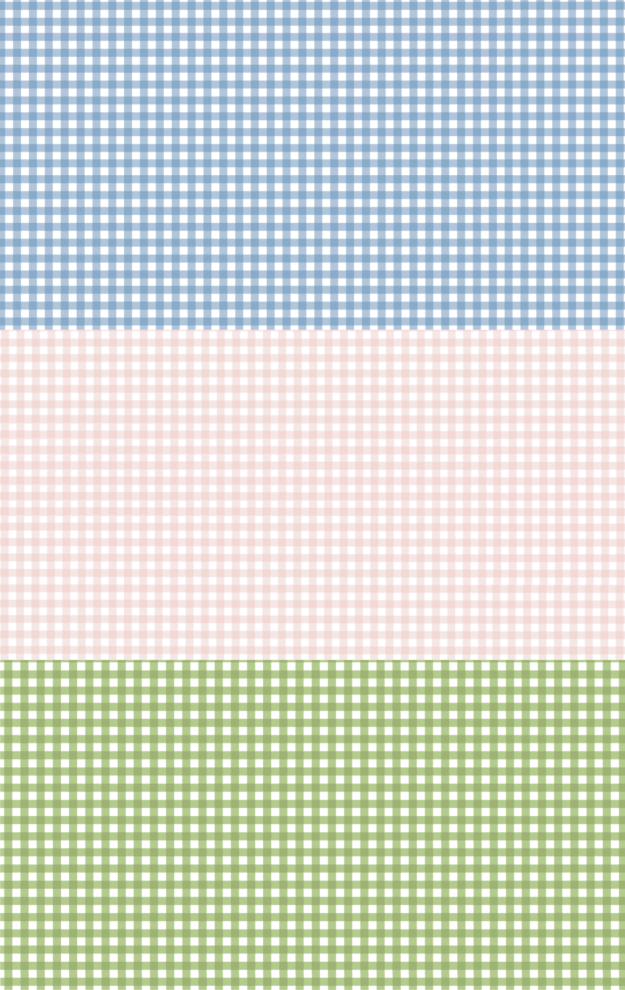 One sheet with three gingham patterns of printed acrylic in blue, pink, and green colours