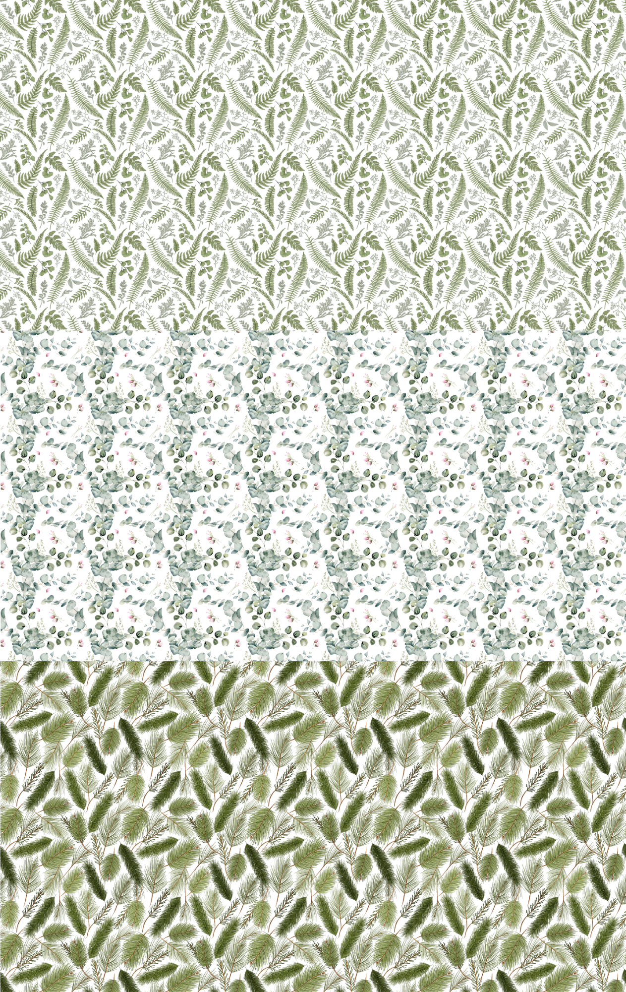 One sheet with three prints of varying green floral patterns