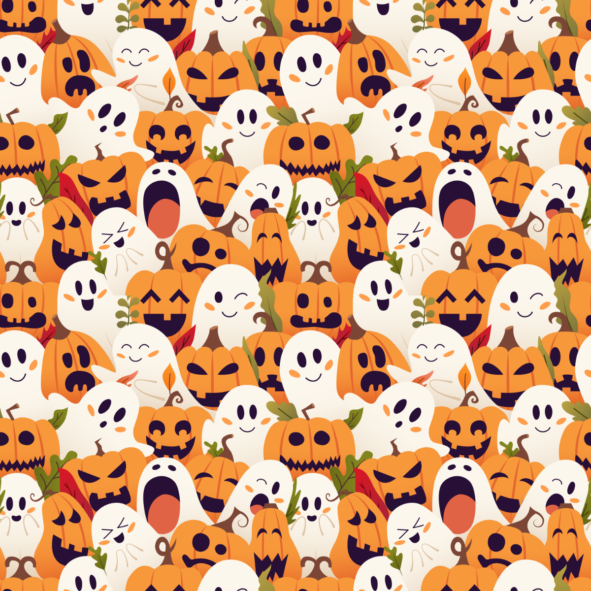 Pattern of Halloween-themed pumpkins and ghosts