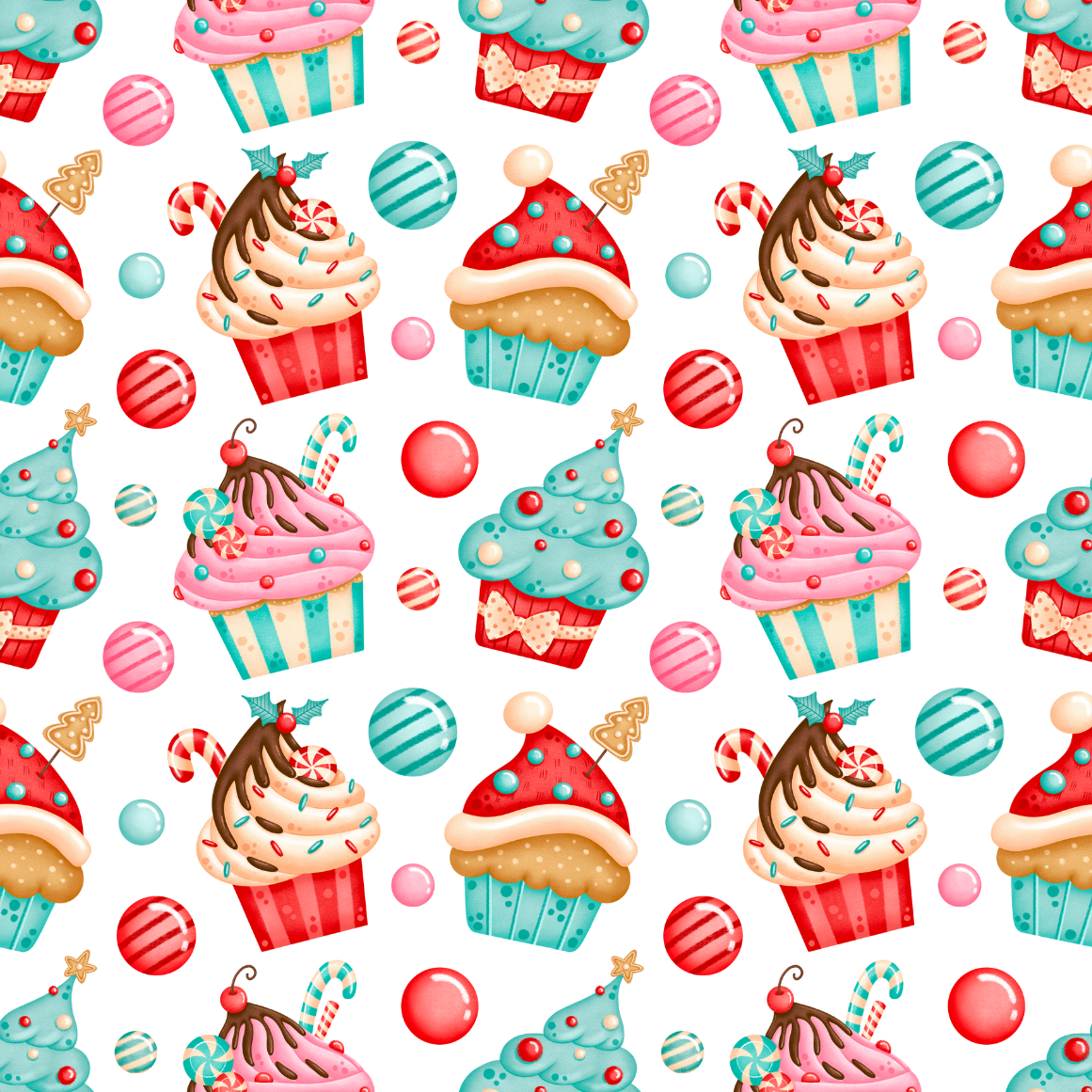 Pattern of colorful Christmas-themed cupcakes and candies on a white background