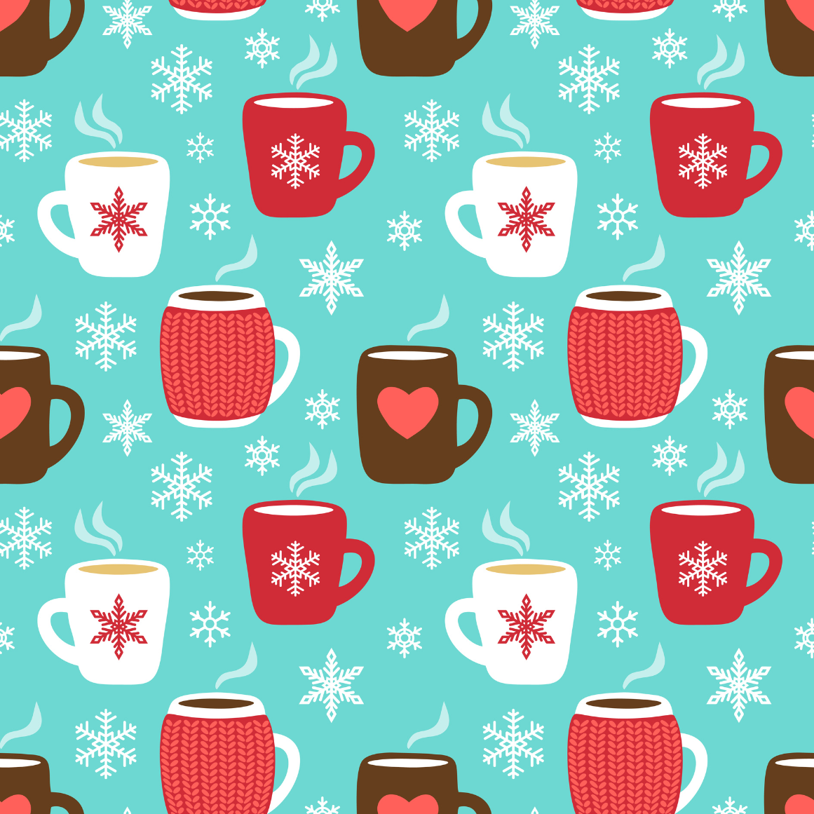 Pattern of colorful mugs and snowflakes on a turquoise background