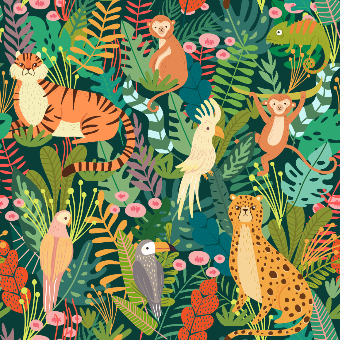 Colorful pattern of jungle animals and plants on a dark green background
