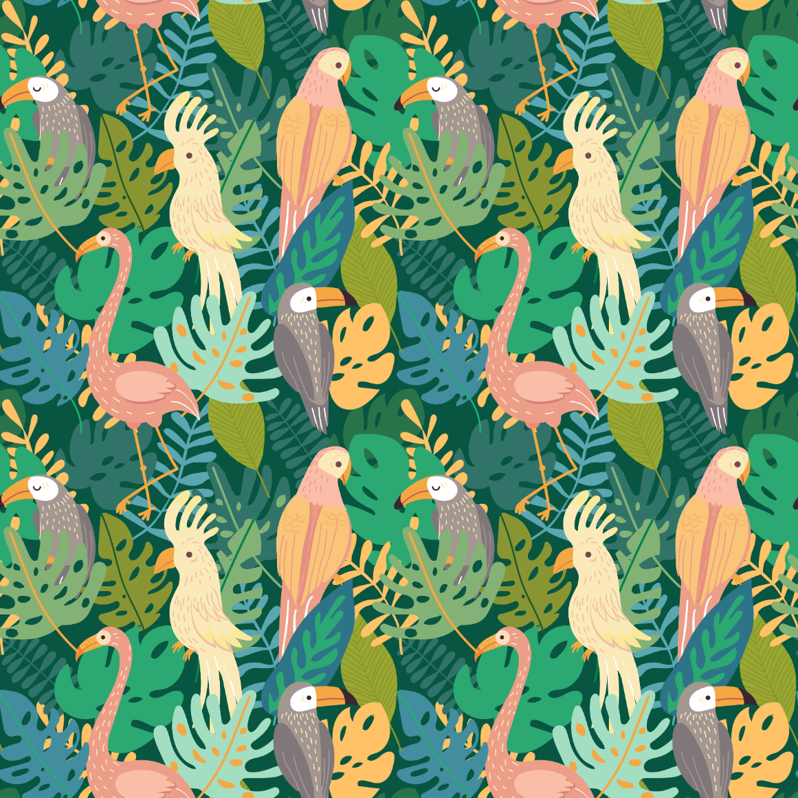 Tropical bird and leaf pattern on a green background