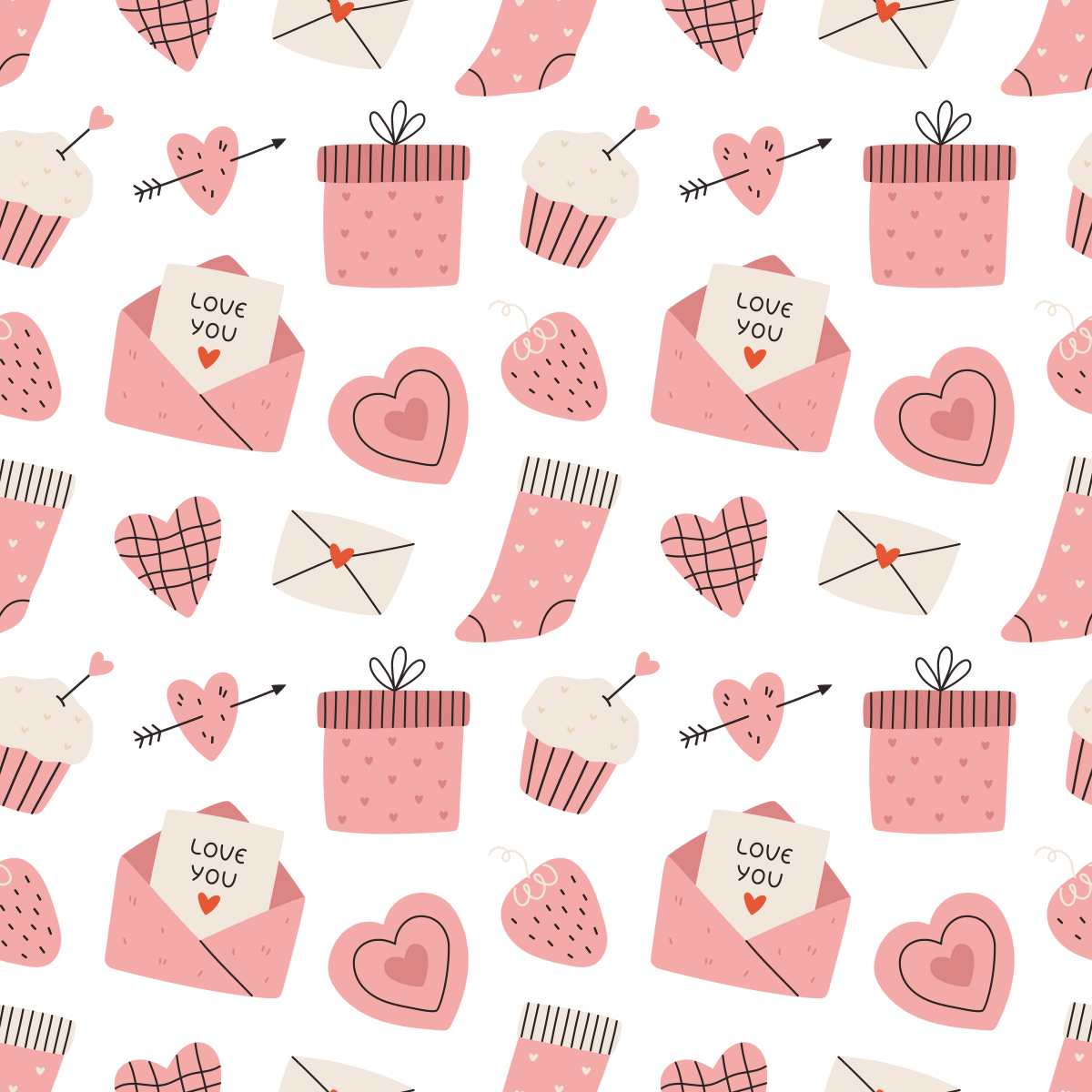 Pattern of pink hearts, envelopes, and gift boxes on a white background