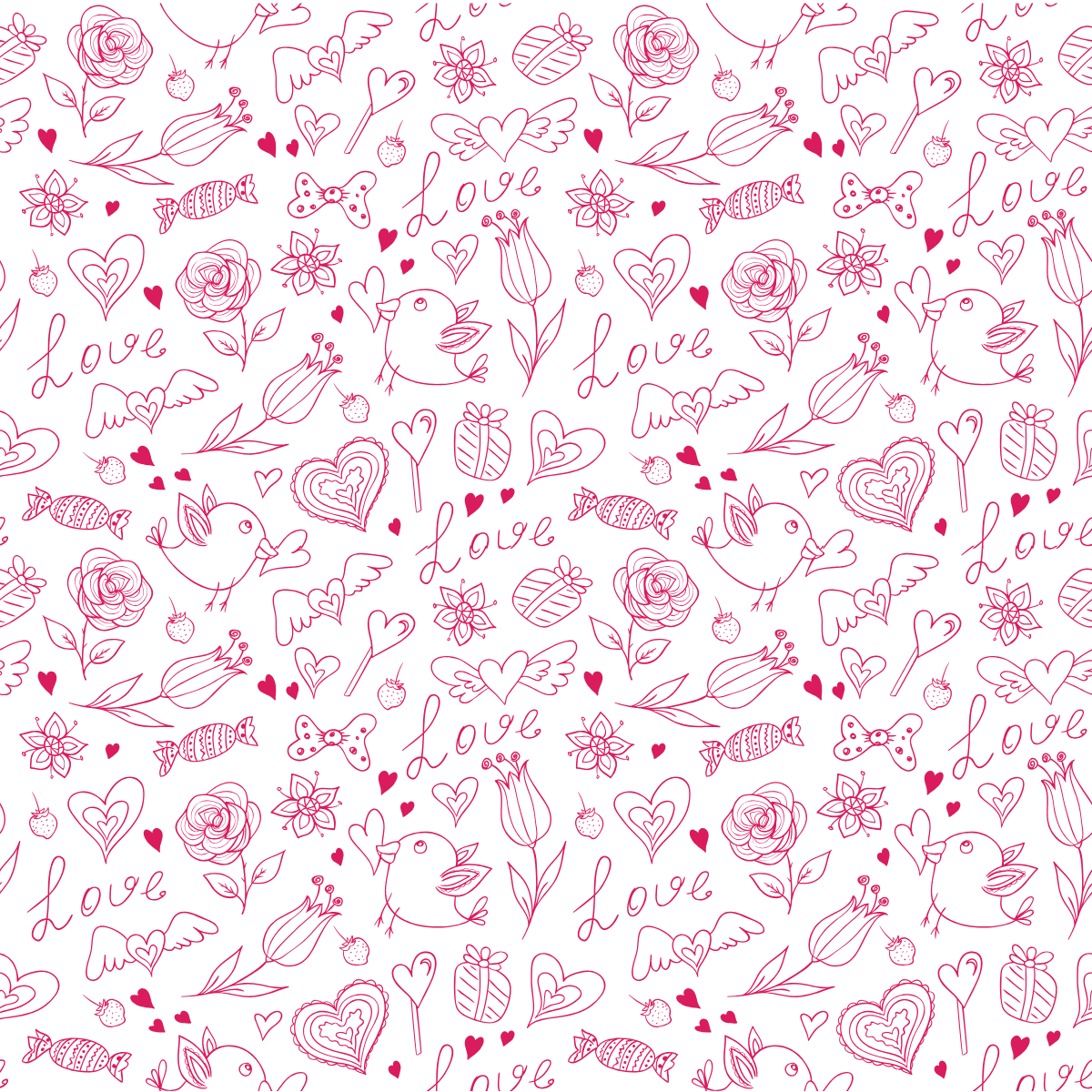 Pattern of hearts, flowers, and birds with 'love' text on a white background