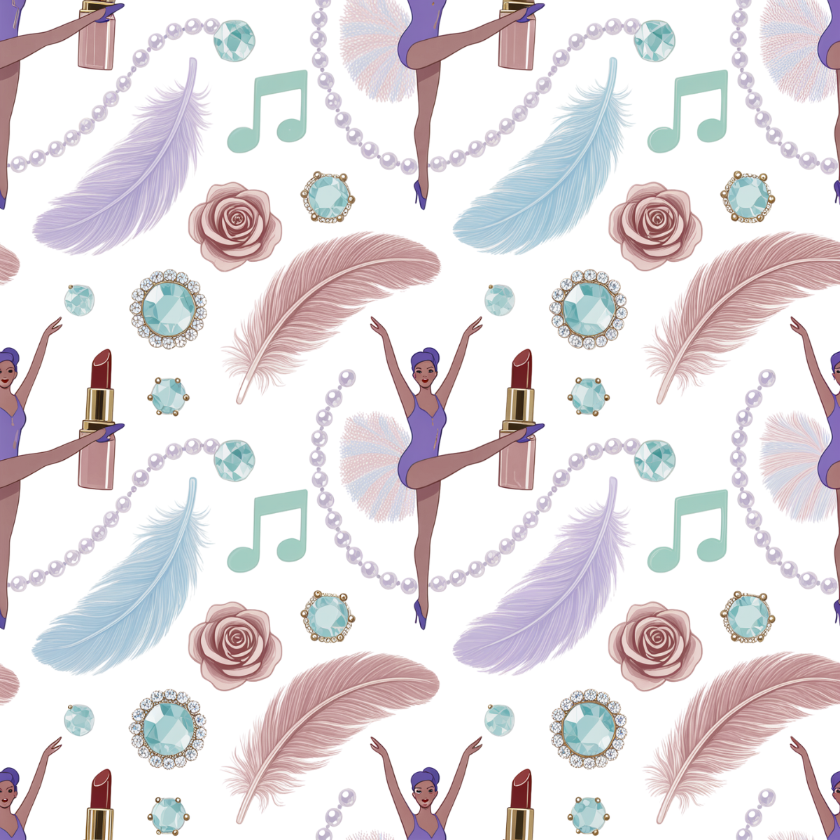 Pattern with dancers, feathers, roses, and lipsticks on a white background