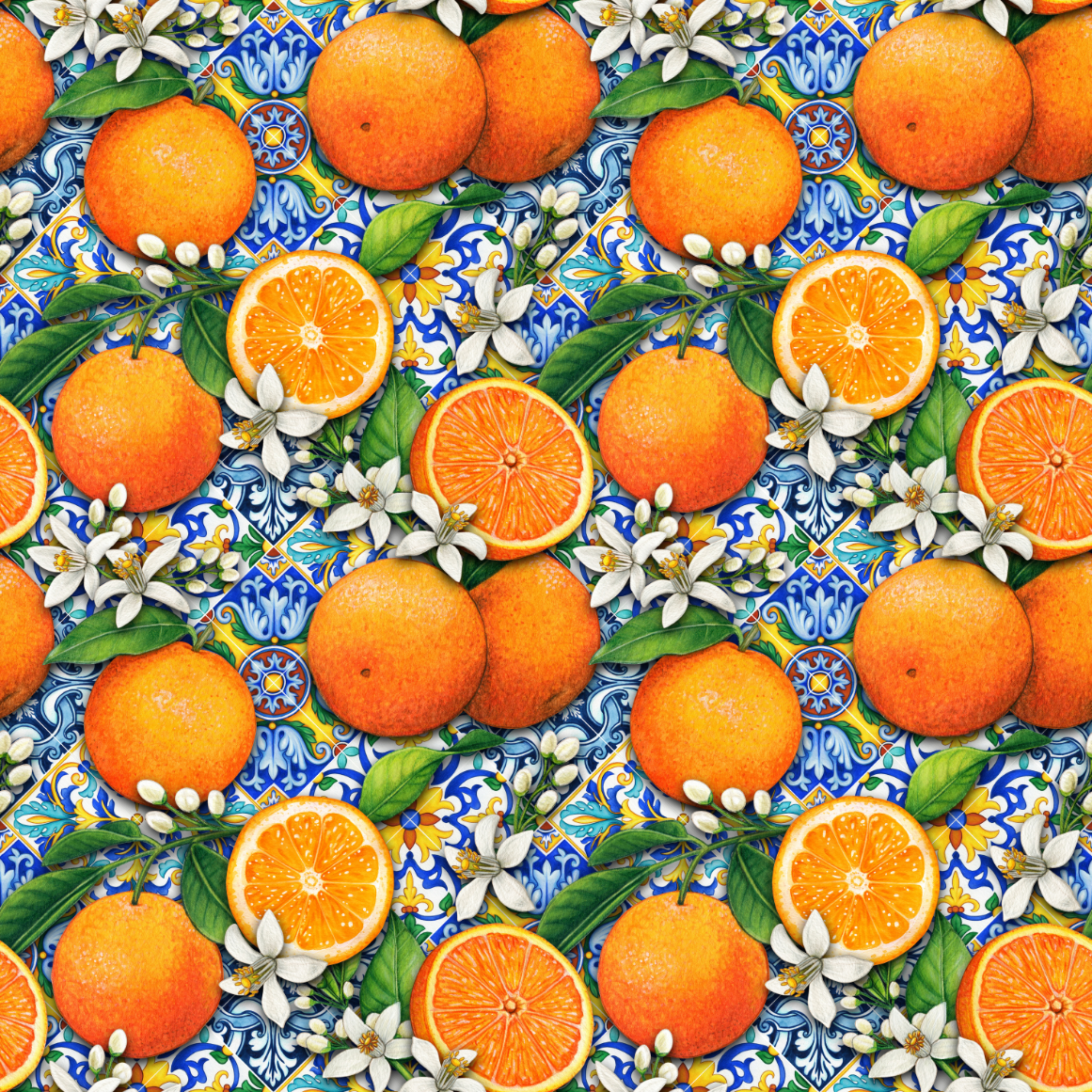 Pattern of oranges, leaves, and flowers on a colorful tile background