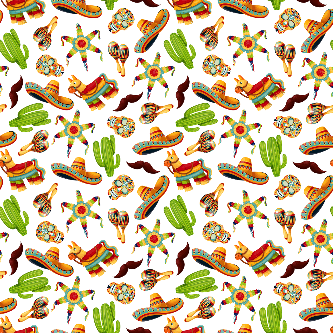 A pattern featuring colourful Mexican heritage motifs including sombreros, cacti, and decorative elements.