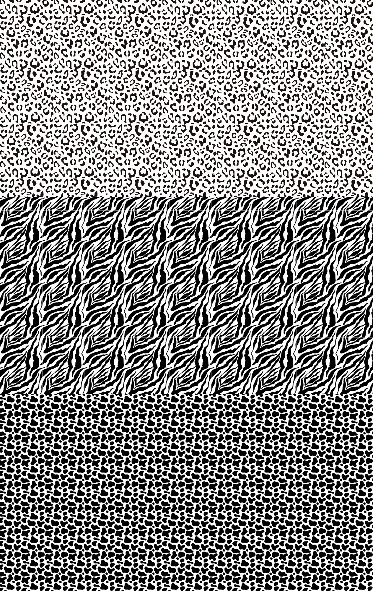 A trio of monochrome animal print sheets, featuring patterns resembling leopard, zebra, and cow prints