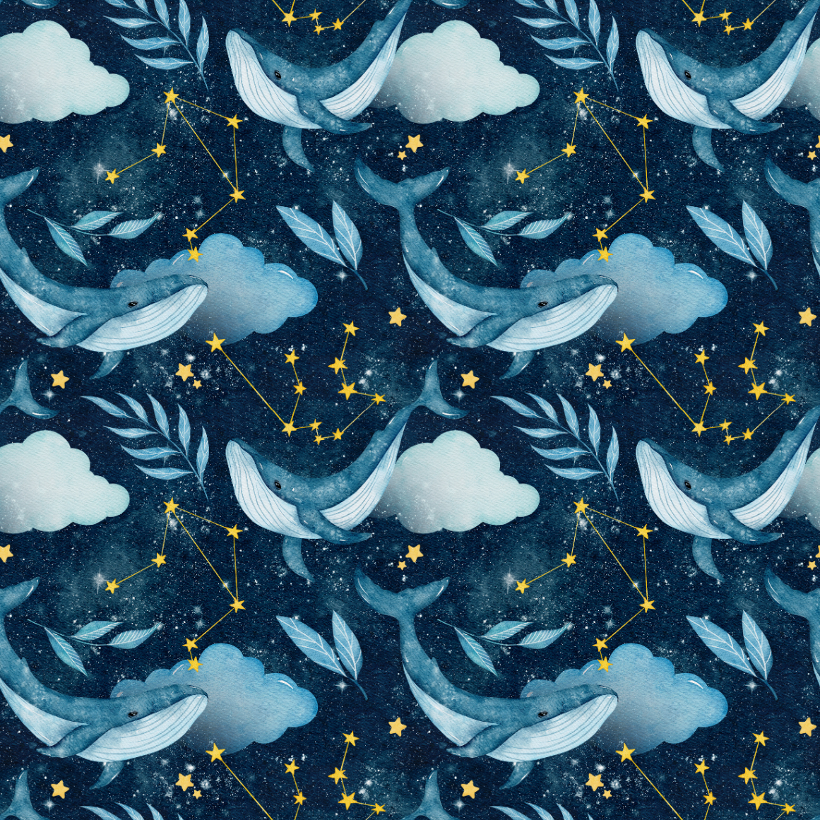 Pattern of whales, clouds, and star constellations on a dark blue background
