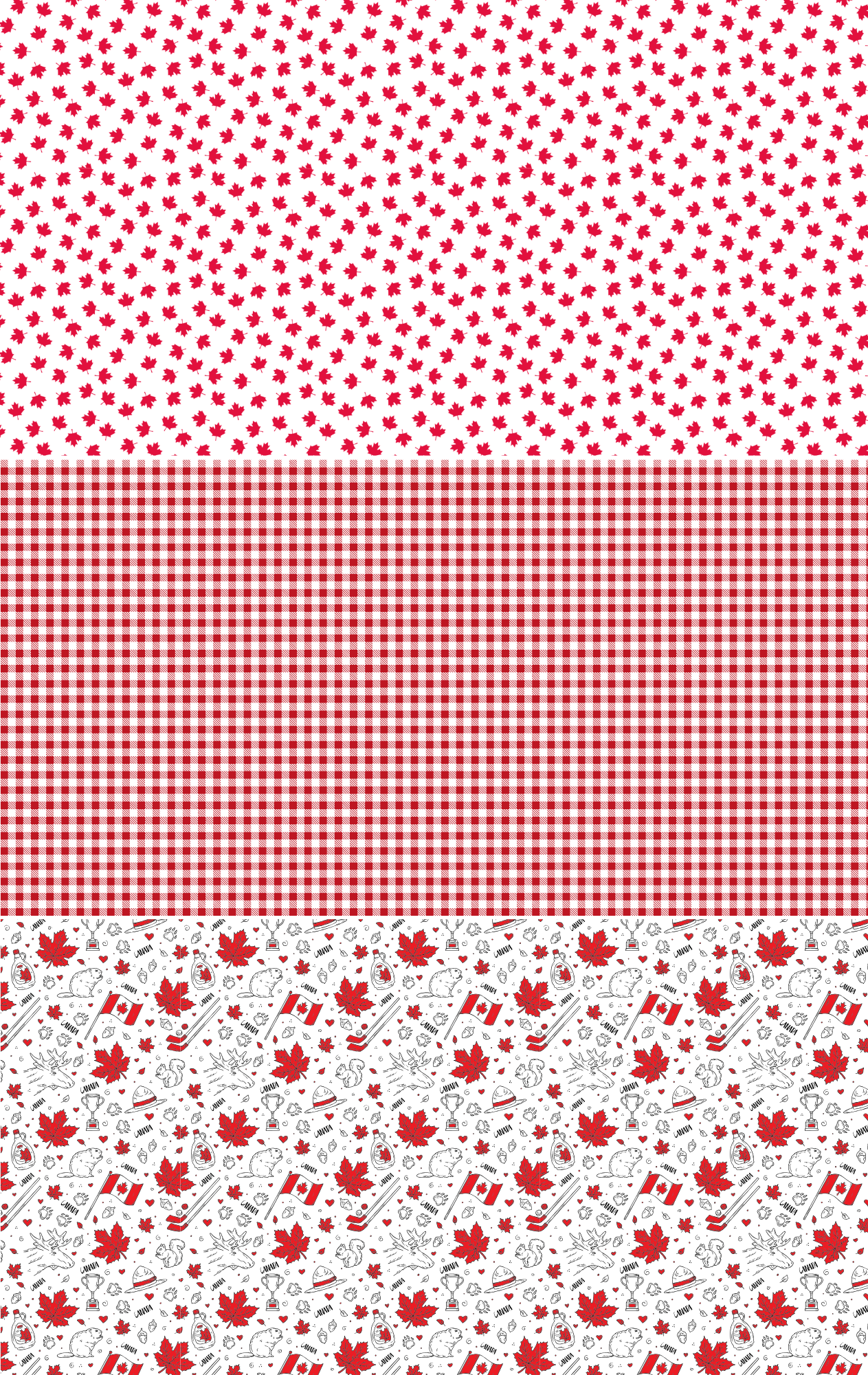 Three printed acrylic sheets with different patterns: top row has a red maple leaf pattern on a white background, middle row has a red gingham pattern on a white background, and bottom row has a white base with red maple leaves and various Canadian themes