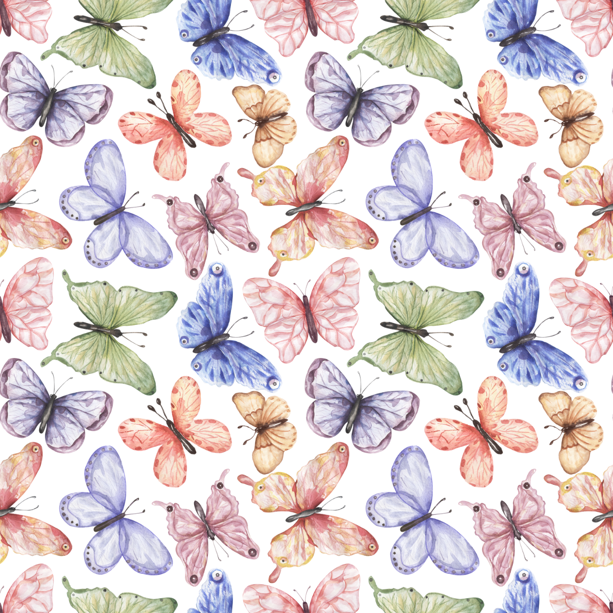 Pattern of colorful butterflies on a white background