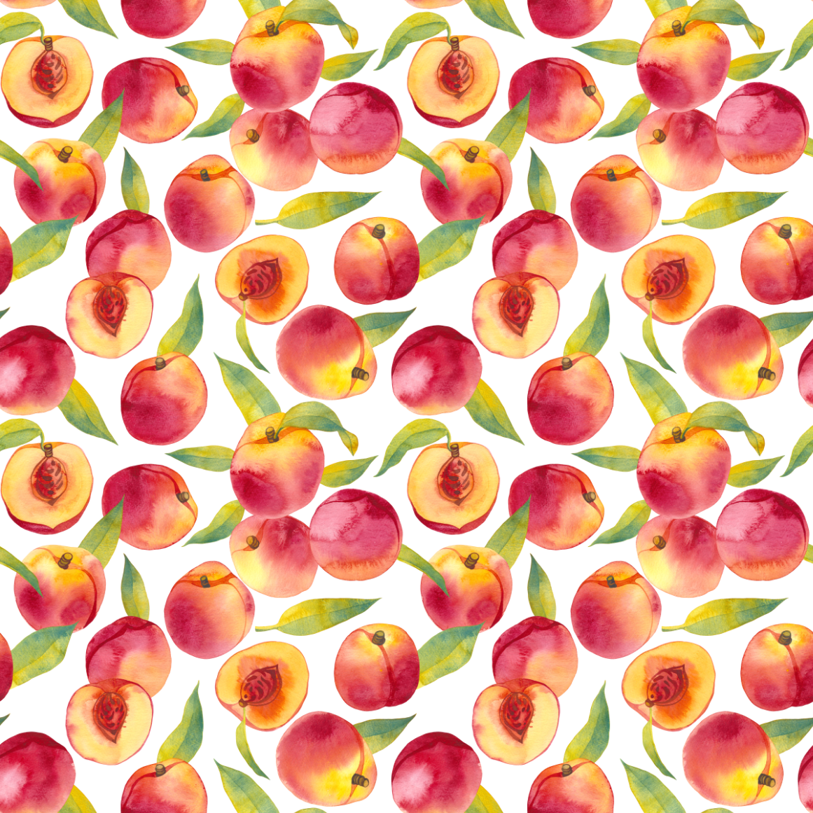 Pattern of watercolor peaches and leaves on a white background