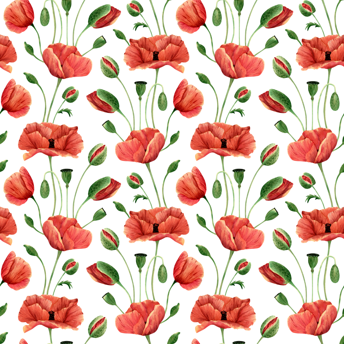 Pattern of red poppies with green leaves on a white background