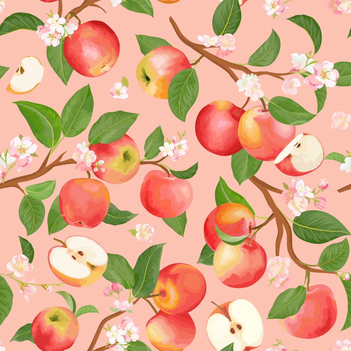 Pattern of apples, leaves, and flowers on a pink background