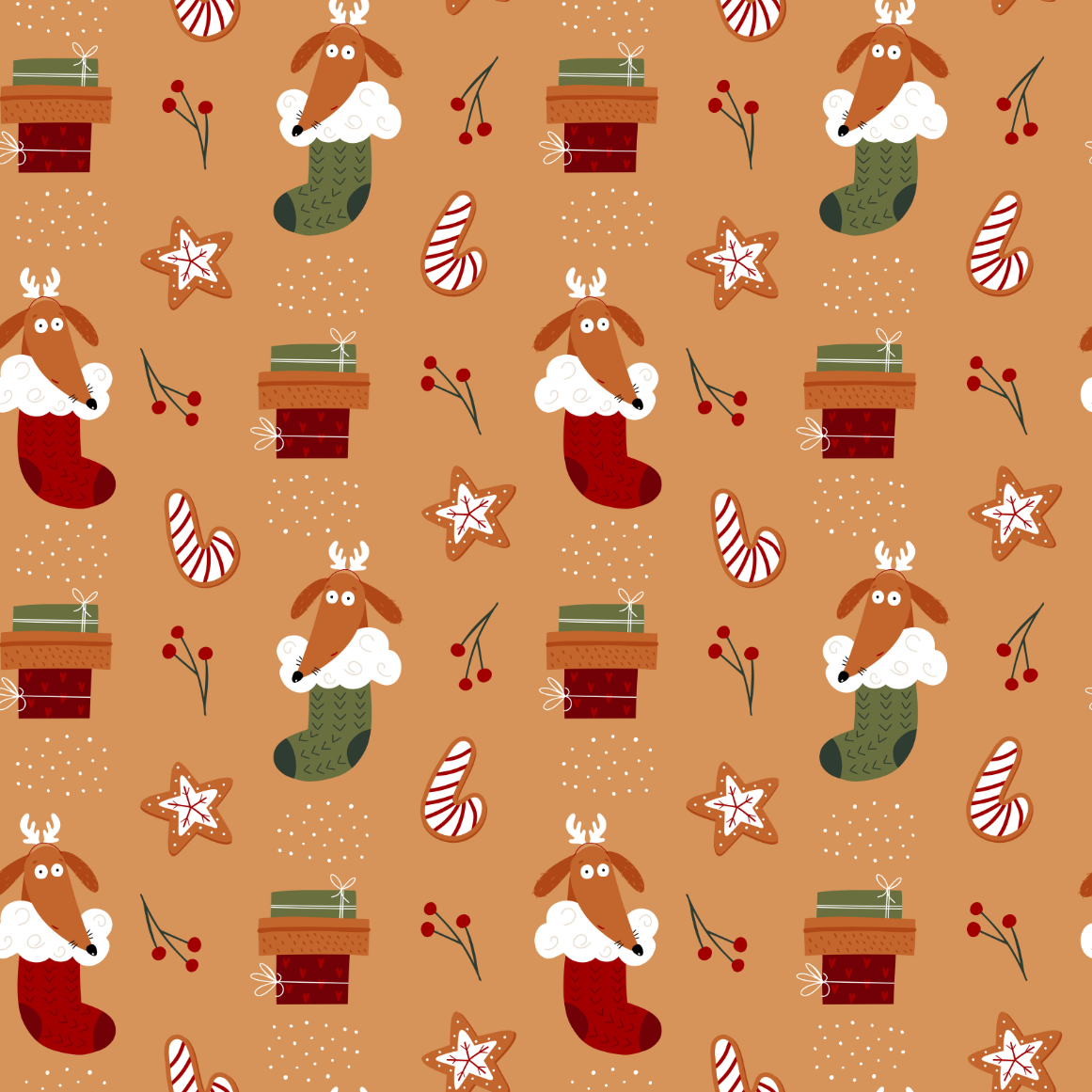 Pattern of Christmas-themed illustrations including reindeer, stockings, and presents on a brown background.