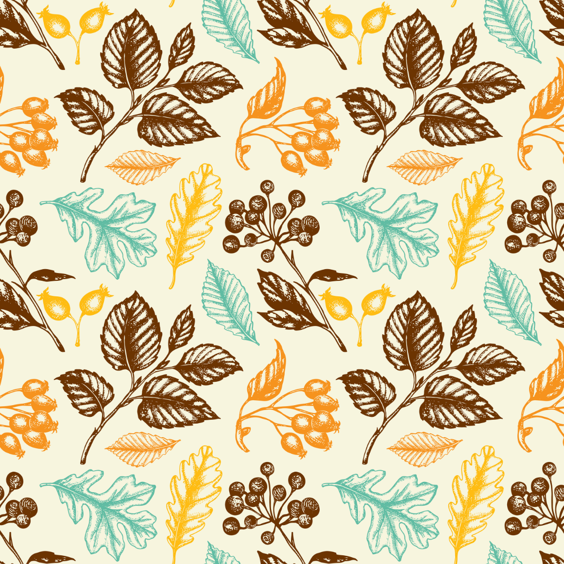 Pattern of leaves and branches in brown, orange, and green on a beige background