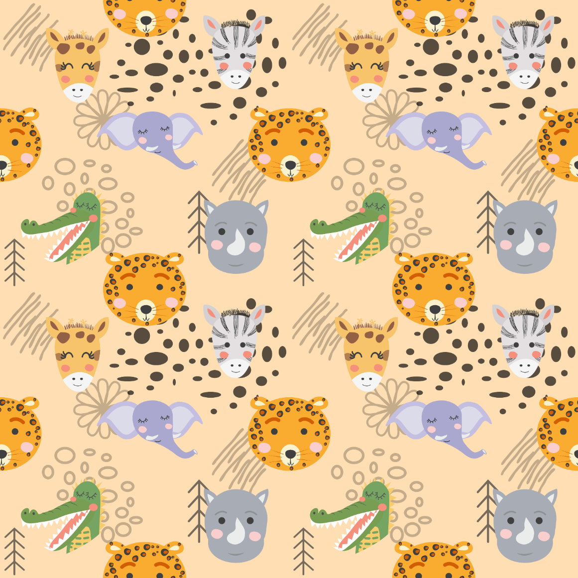 Pattern of cartoon animal faces on a beige background