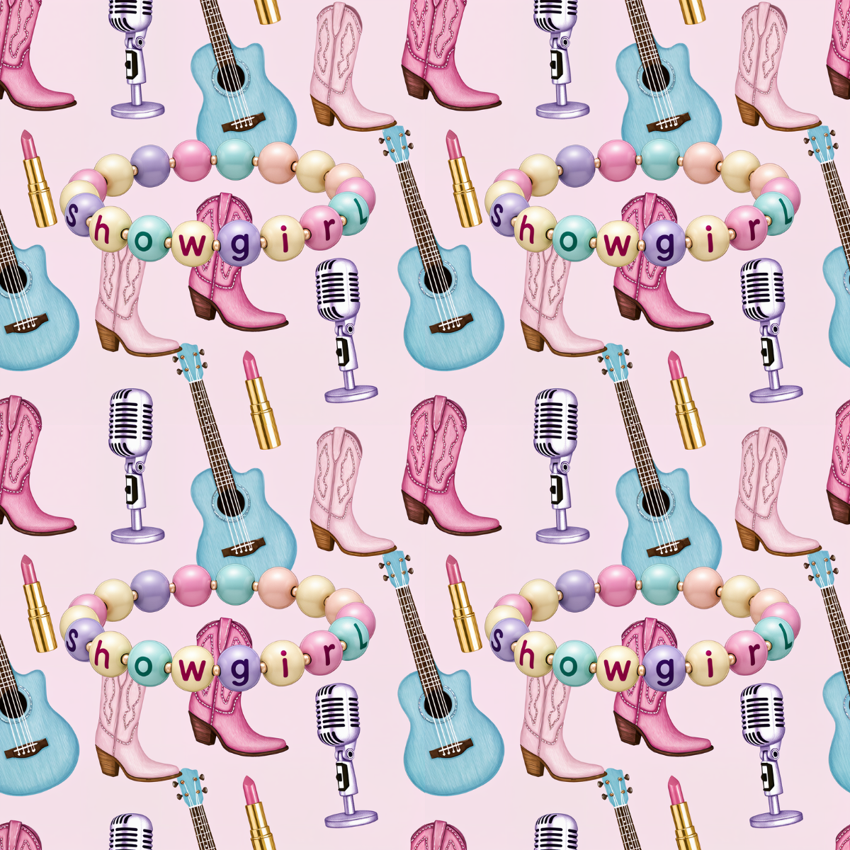Pattern of cowgirl boots, guitars, microphones, and 'showgirl' text bracelet on a pink background.