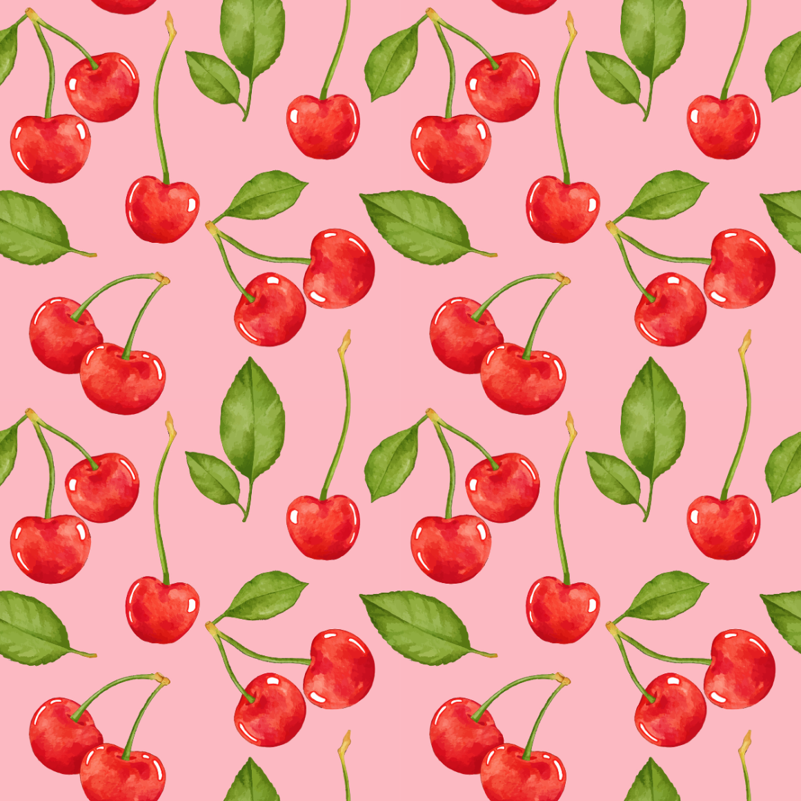 Pattern of red cherries with green leaves on a pink background