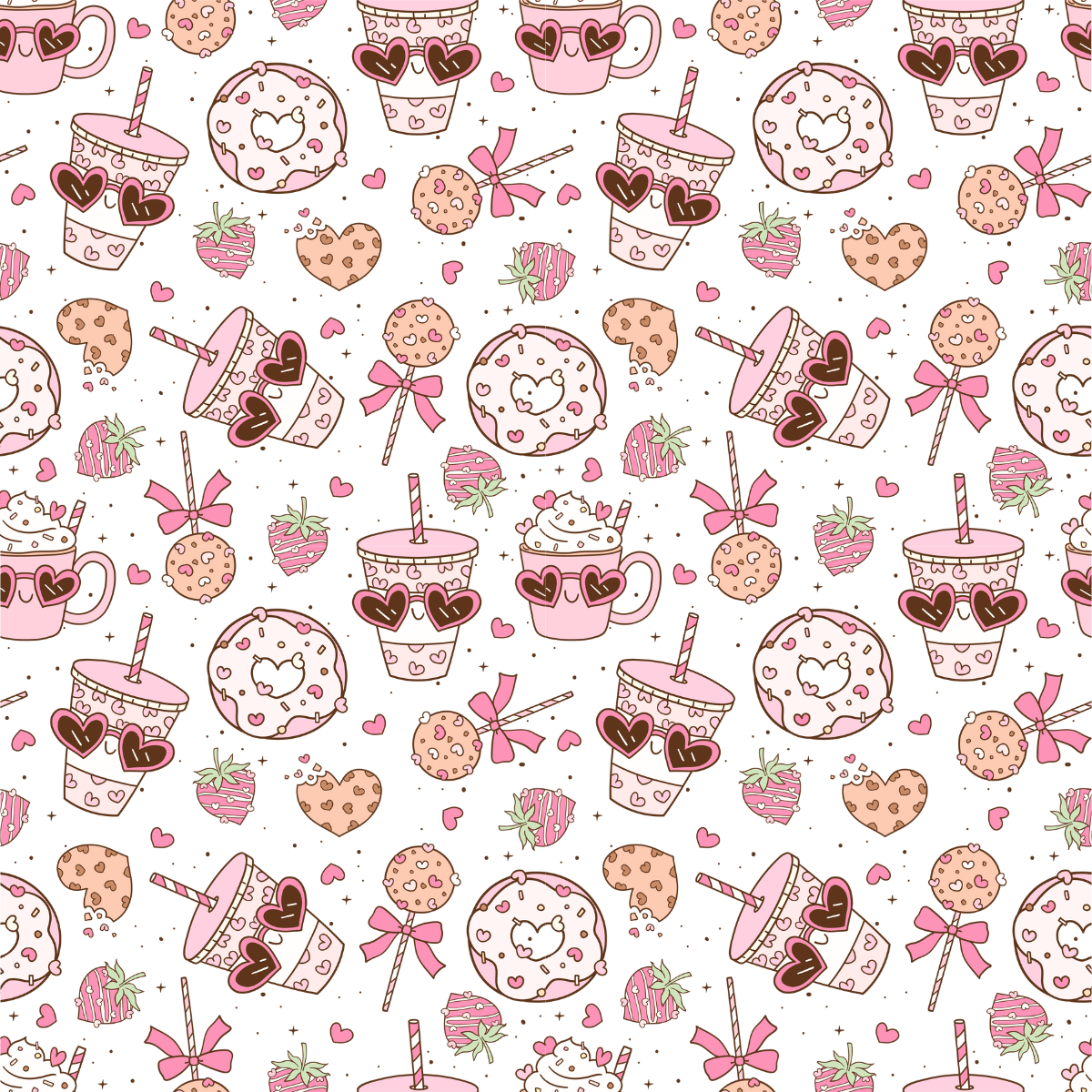 Pattern of pink drinks, donuts, and sweets on a white background