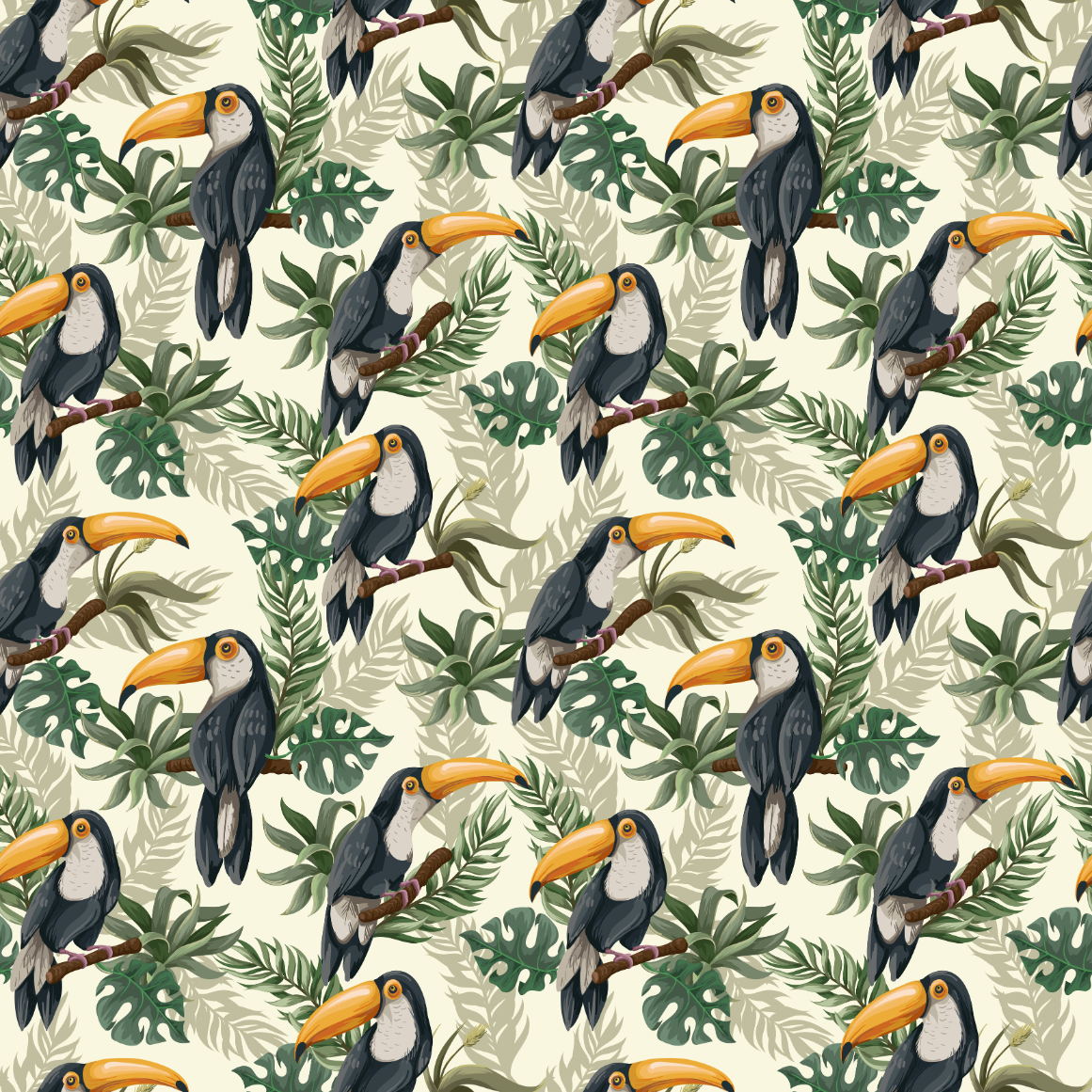 Pattern of toucans and tropical leaves on a beige background
