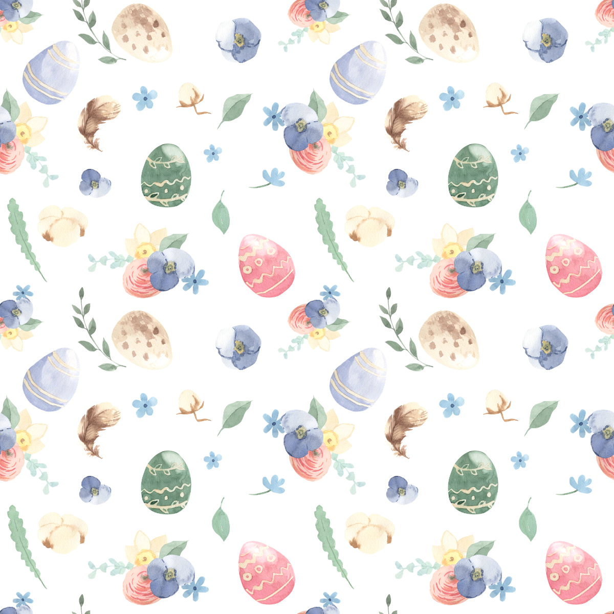 Pattern of Easter eggs and flowers on a white background