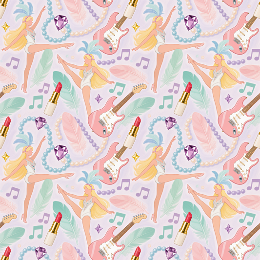 Pattern with dancers, guitars, and lipsticks on a light purple background