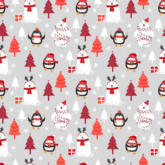 Christmas-themed pattern with penguins, trees, and bears on a gray background
