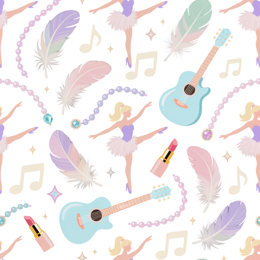 Pattern with dancers, guitars, feathers, and lipsticks on a white background