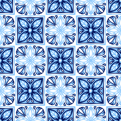 Printed acrylic sheets with a blue geometric tile pattern on a white background.