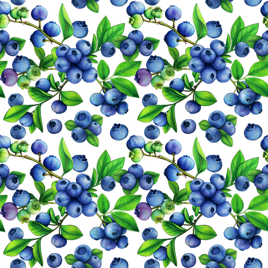 Pattern of blueberries and green leaves on a white background