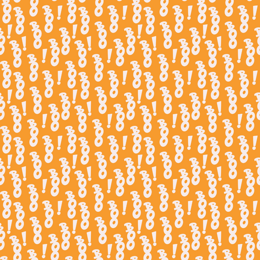 Pattern of white boo exclamations on an orange background