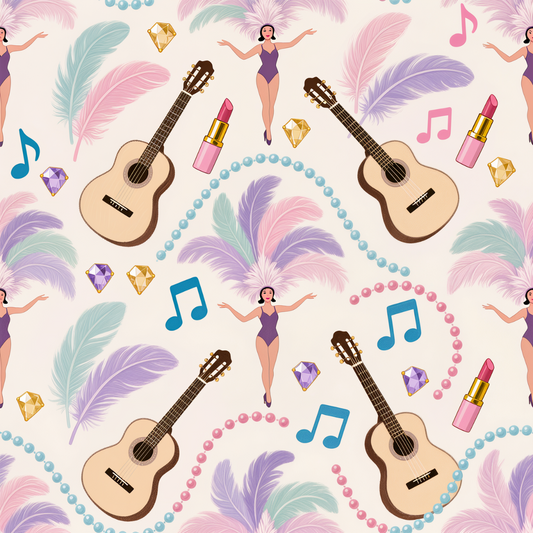 Pattern with guitars, women, feathers, and musical elements on a light background