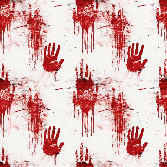 Red handprints and bloodstains on a white background