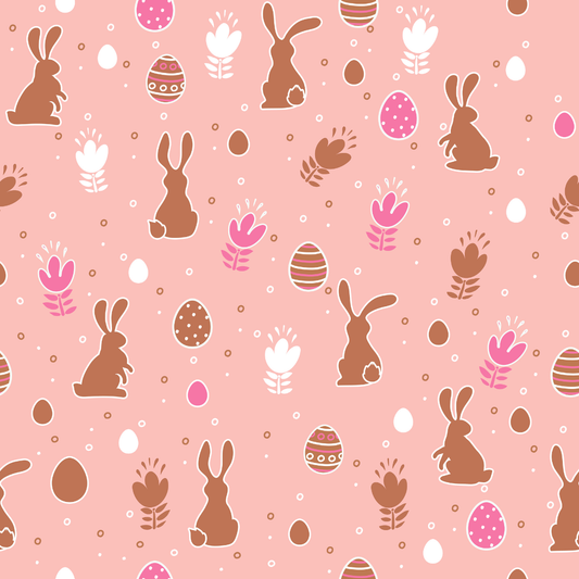Pattern of Easter-themed elements including bunnies, eggs, and flowers on a pink background.