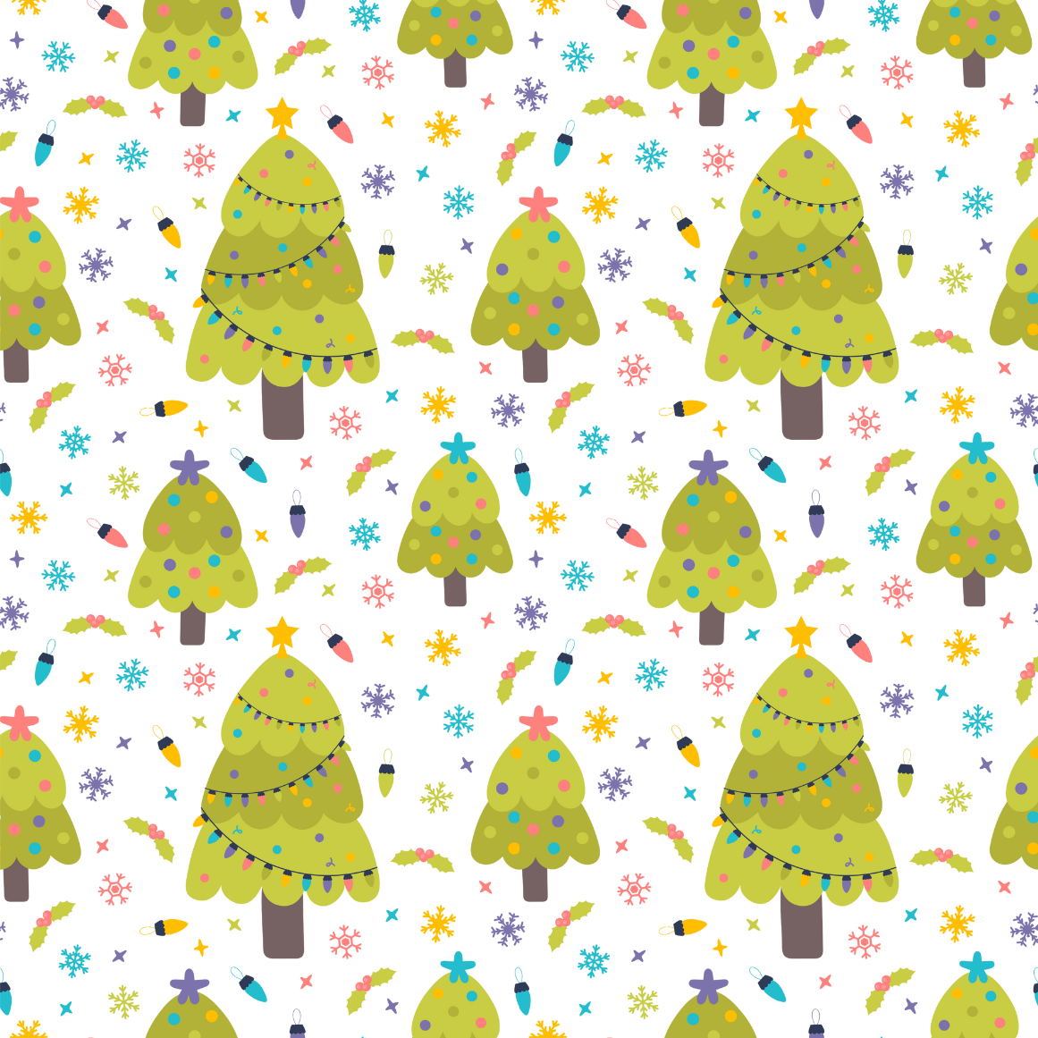 Pattern of Christmas trees with lights, snowflakes, and colourful decorations on a white background.