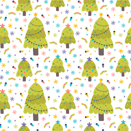 Pattern of Christmas trees with lights, snowflakes, and colourful decorations on a white background.